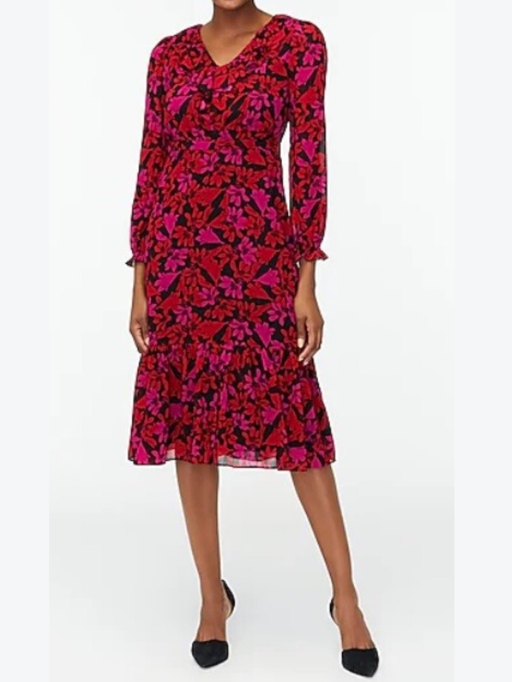 Floral V-Neck Midi Dress in Fuchsia and Red